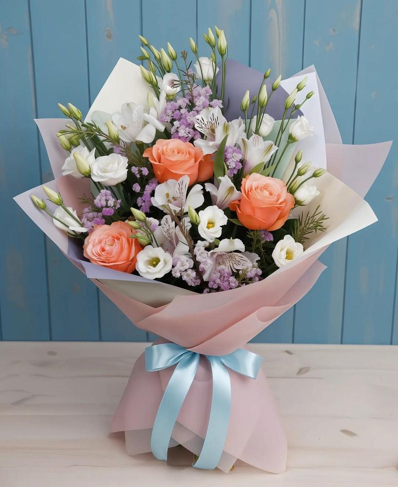 Букет цветов из: Лизиантусы, Розы, Альстромерии и Гипсофила в Камышла