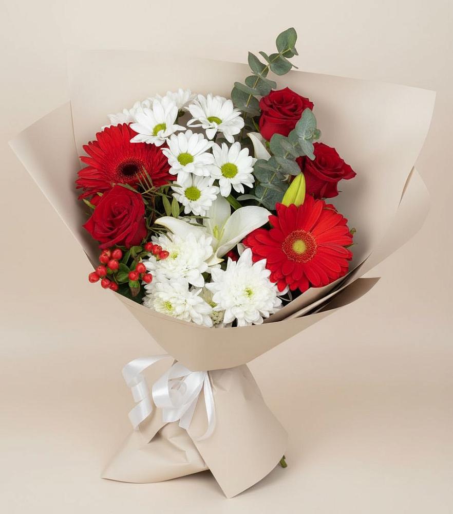 Букет цветов из: Розы, Хризантемы, Герберы и Лилии в Камышла